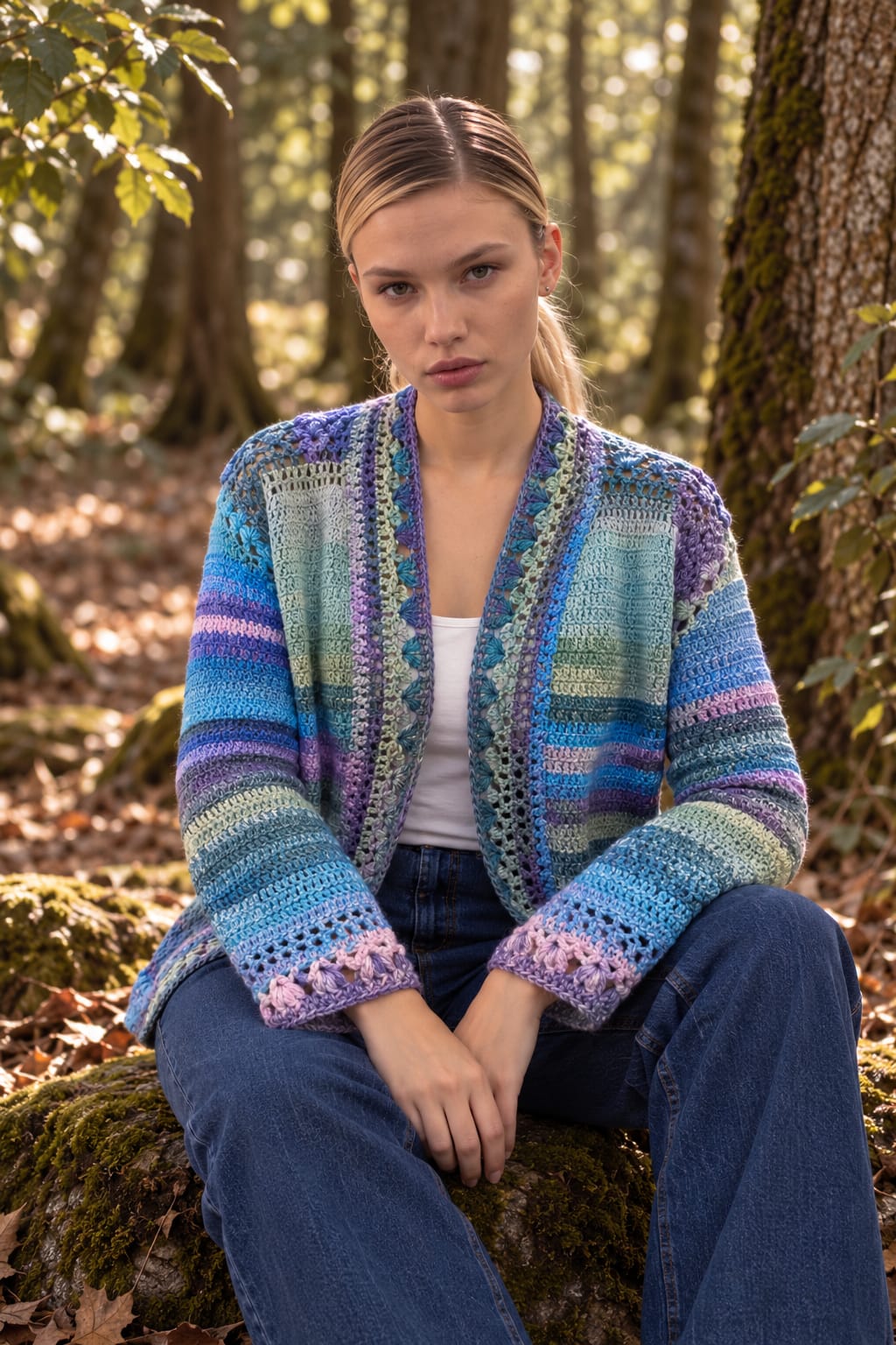 Casaco Boreal em croché — modelo sentada na floresta